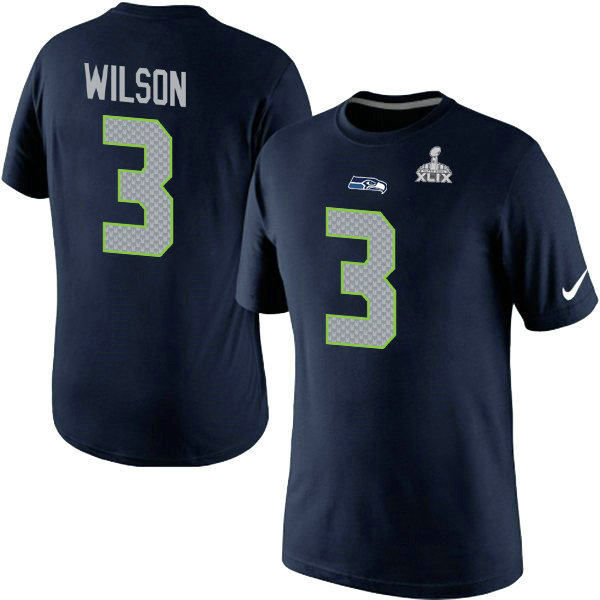 Nike Seattle Seahawks #3 Russell Wilson New Name & Number Super Bowl XLIX NFL T-Shirt - Steel Blue